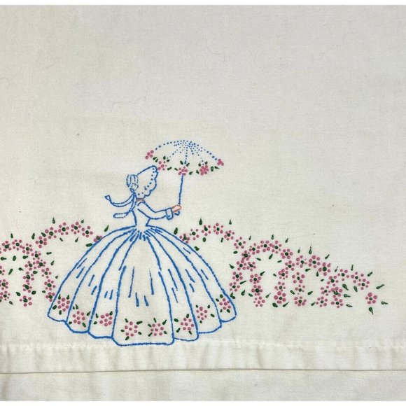 Vintage Handmade Pillowcase 1 Cloth Fabric Painted Lady Umbrella Pink Blue - Picture 2 of 6